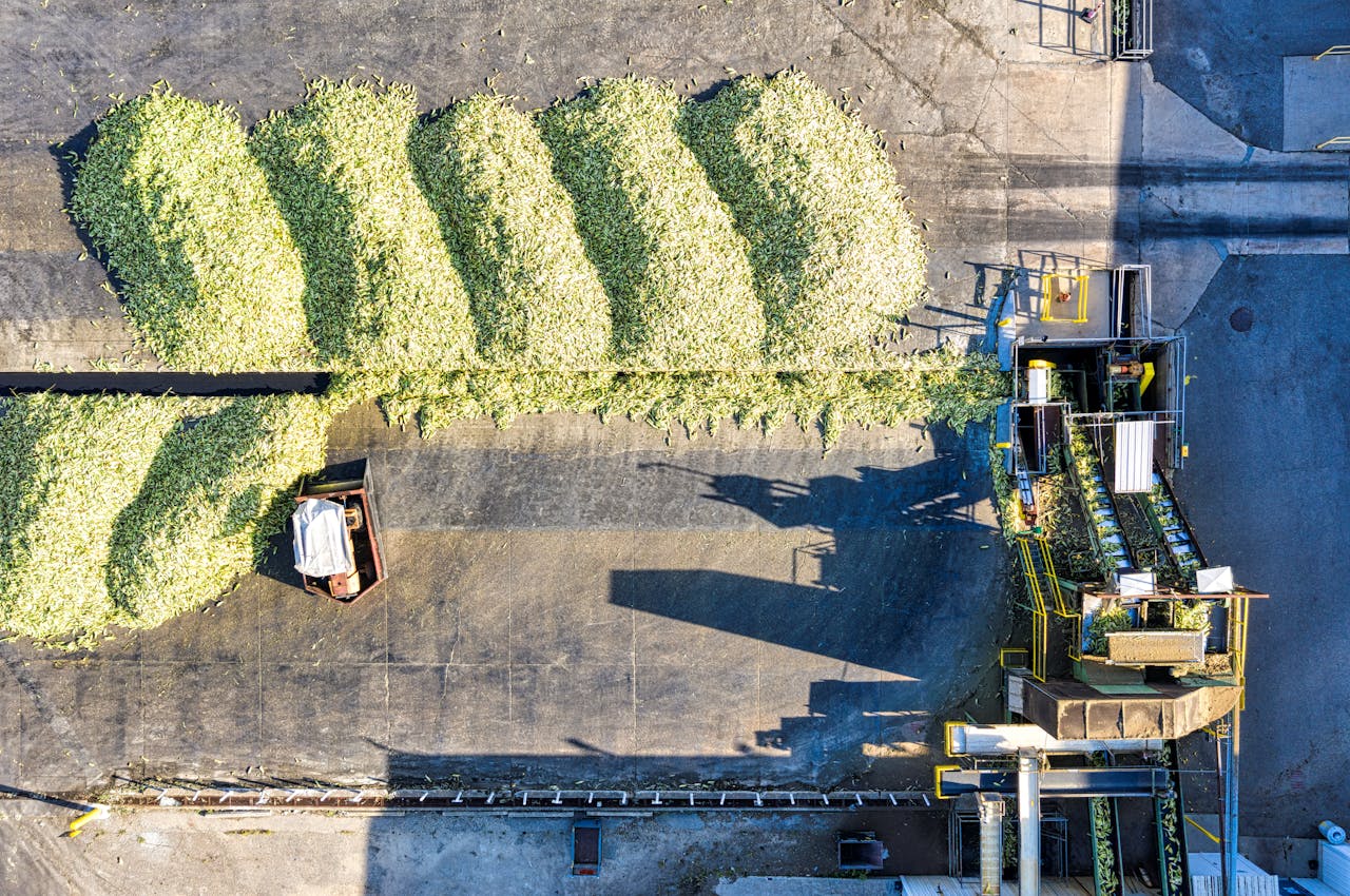 portfolio-01 Aerial view of industrial corn processing with machinery in Plainview, Minnesota.